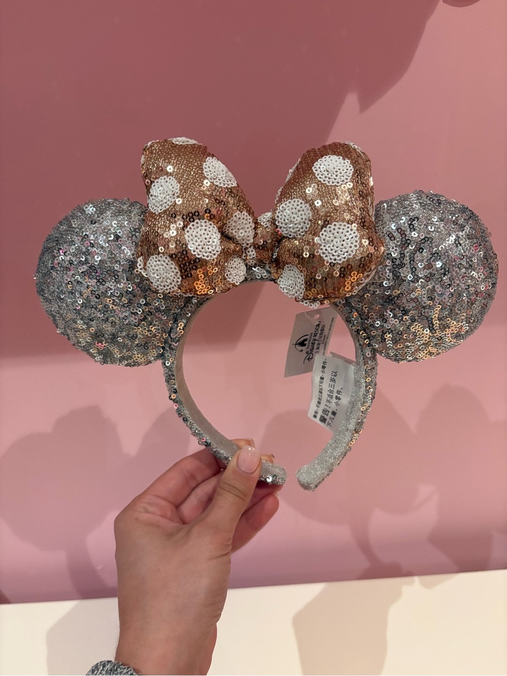 Disney Parks Silver Sequin Minnie Ears Headband with Rose Gold Polka Dot Bow ππ©Ά